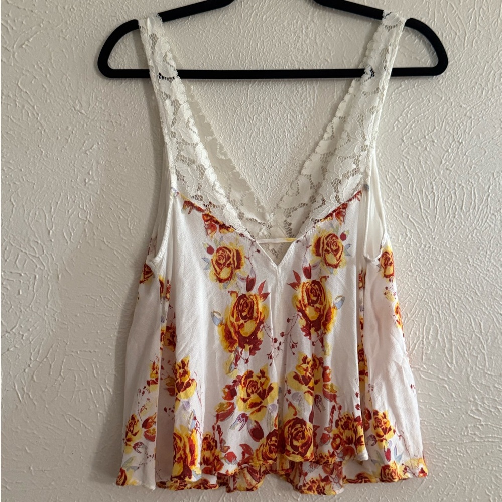 Free People Cream and Orange Pleated Tie Front Camisole